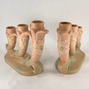 Vtg Weller Candle Holder Pottery Stoneware Wild Rose Triple Flower Art Deco 30s